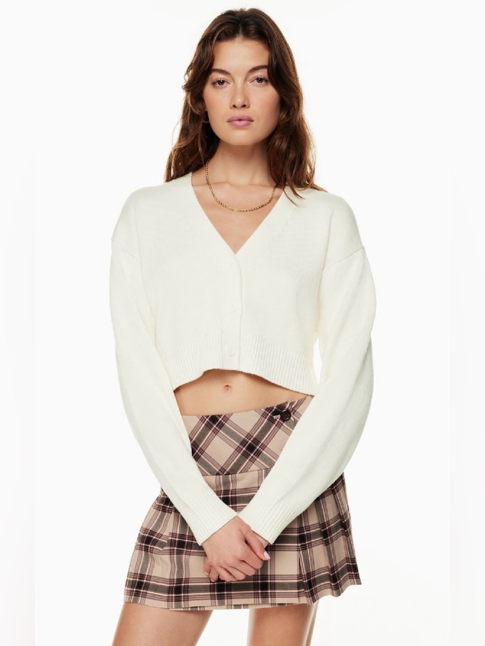 Aritzia Sunday Best Bianca Wool Cream Cropped V-Neck Button Cardigan